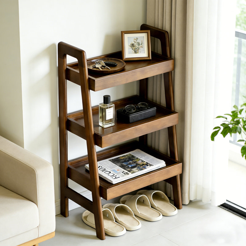 3 Tier Solid Wood Ladder Shelf Bookcase for Small Spaces Corner Storage Shelf, Brown