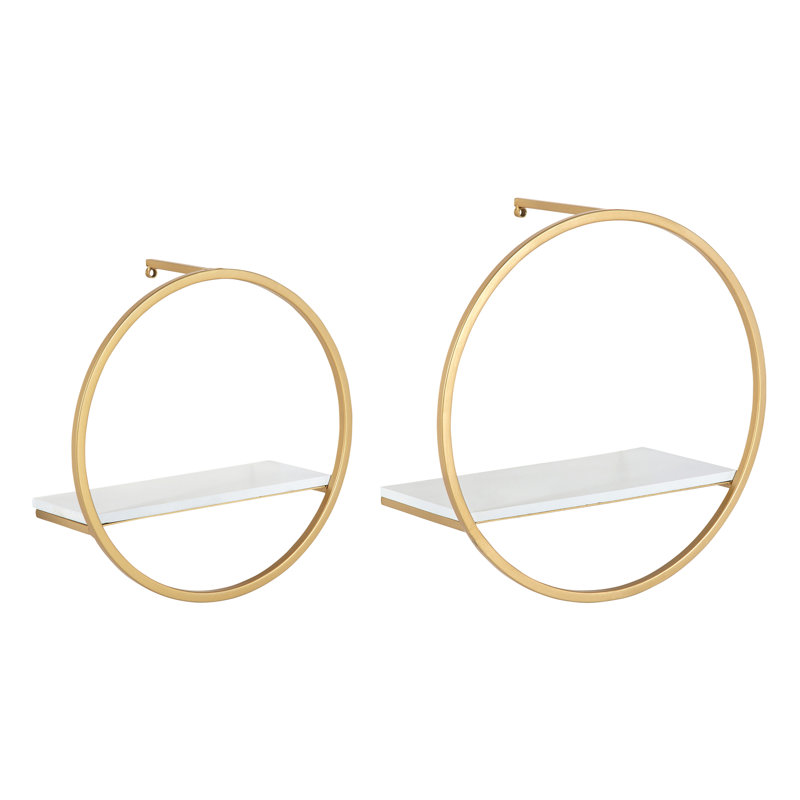 Eugine 2 Piece Circle Metal Accent Shelf, White/Gold