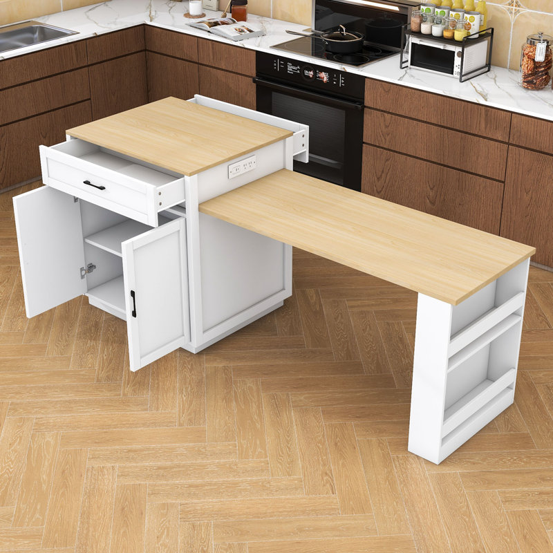 Dionigio 83" Kitchen Island Set with Extendable Dining Table, Power Outlets and Storage Cabinet, White