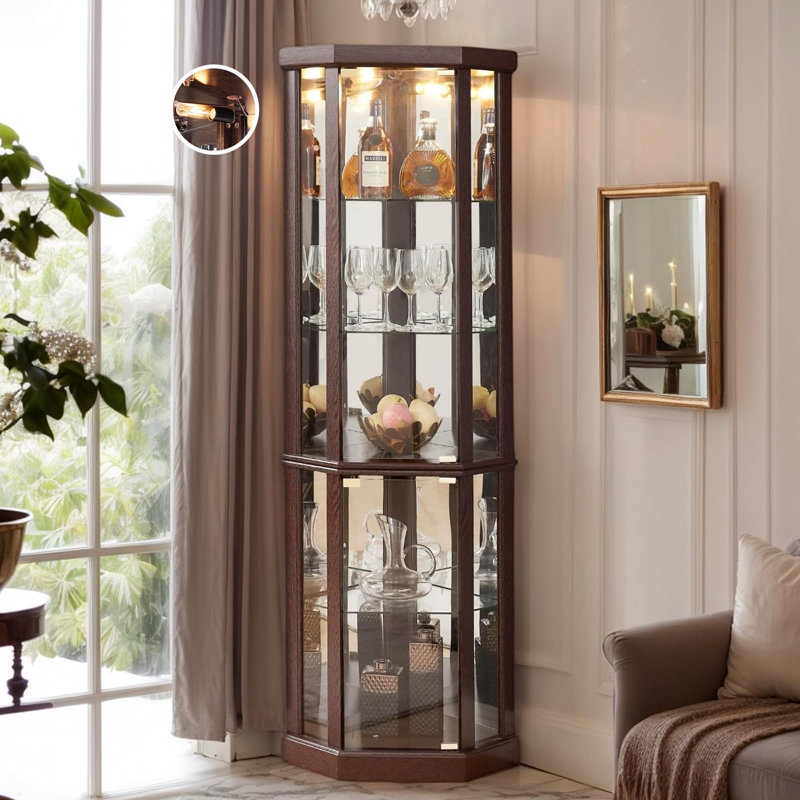 70" Lighted Corner Curio Cabinet, Glass Display Cage with Tempered Glass Doors & Adjustable Shelves, Wine Cabinet Storage Rack for Bar and Liquor Storage