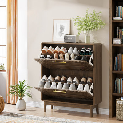 31.5" Walnut Freestanding Shoe Cabinet With Geometric Design And Mid - Century Elements For Hallway, 2 Flip Top Drawers, Open Rack, Construction Modern Organizer Panel Gold Handles, Suitable Foyer,