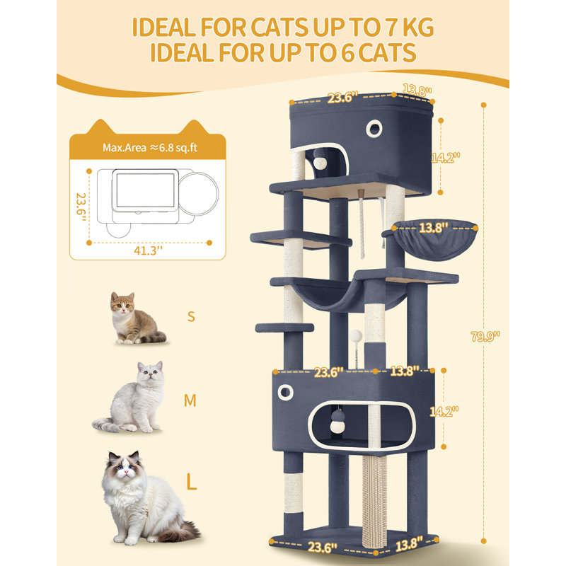 Arbre à chat 79,9 pouces pour chats d'intérieur, poteau à griffes multicouches avec grande plateforme, 2 grottes, 7 poteaux en sisal, pompons, panier à chat, hamac, convient aux chats, gris foncé