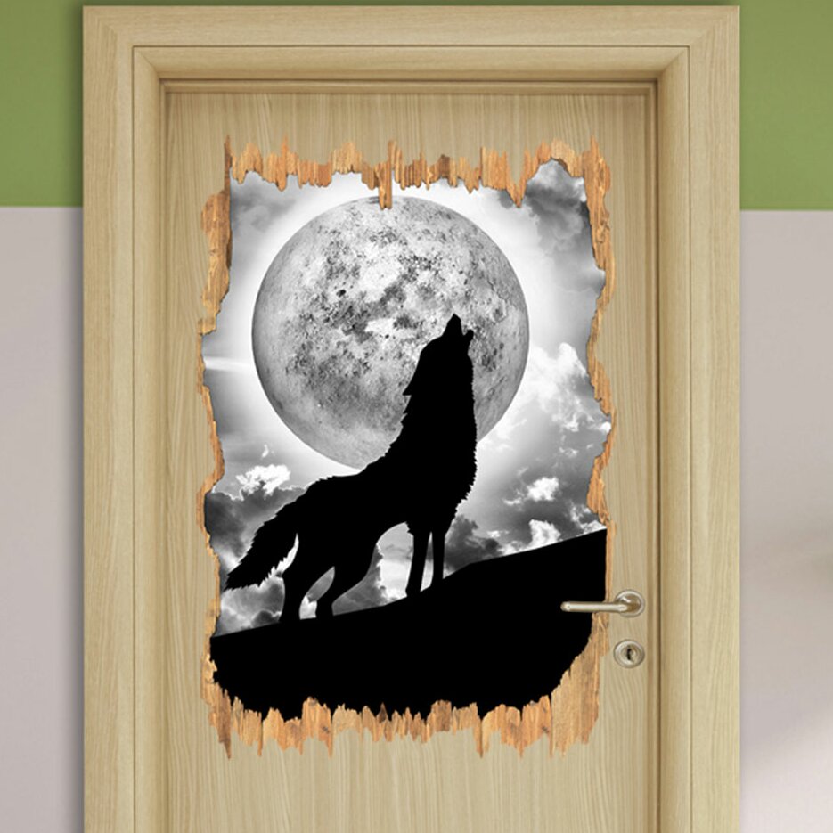 Wandtattoo Wolf heult Mond und in Monochrom