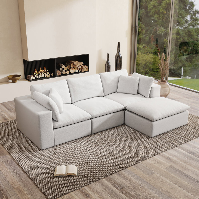 108" L-shaped Sectional Couch, Compression Sofa, White Chenille, White Chenille