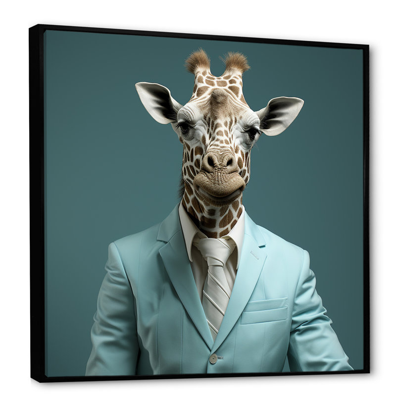 Bleu et gris habillé de mode girafe - girafe, art mural animal, Cadre flottant noir, H 30 po x l 30 po x P 1,5 po