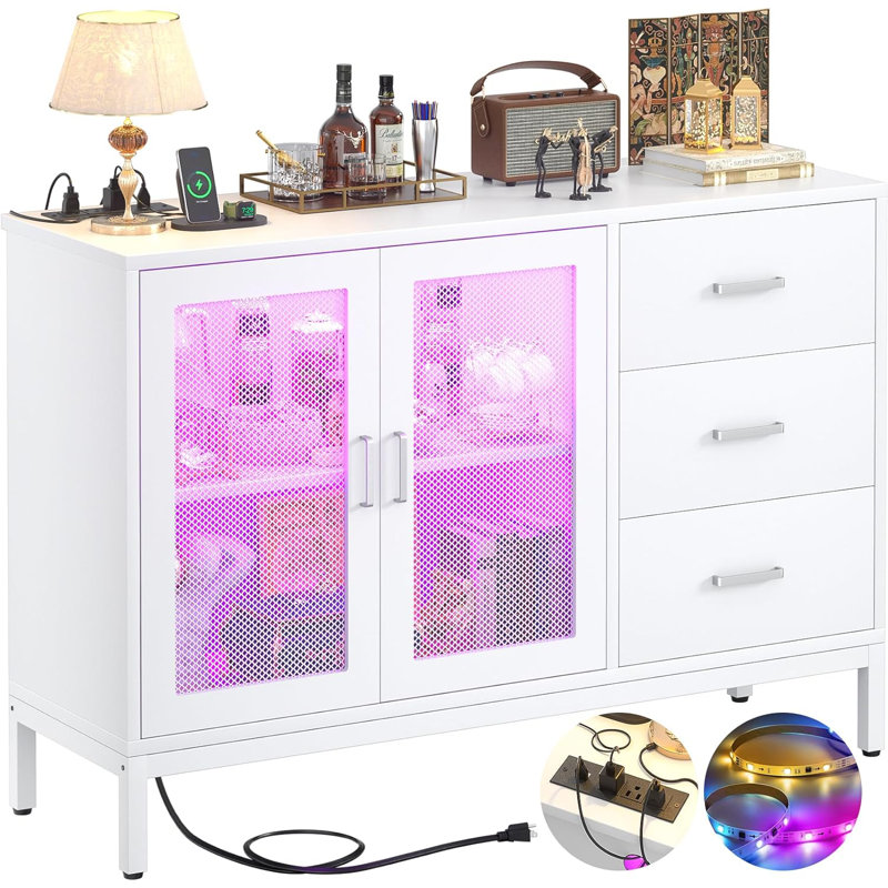 Buffet de bar à vin avec lumière DEL, buffet à 3 tiroirs Kyzier, Blanc