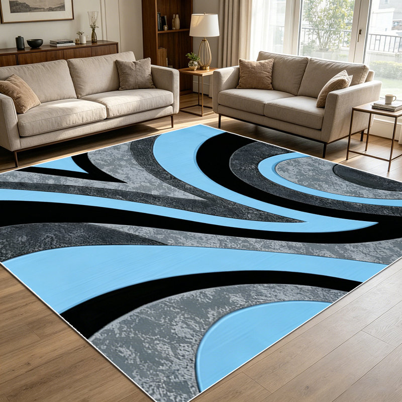 1PC Modern Blue Black Grey Geometric Swirl Abstract area rugs for Living Room, Soft and Comfortable, Suitable for all seasons, easy-to-maintain, machine washable Indoor floor mat, Under Table Farmhouse suitable for dining room, bedroom, entryway,