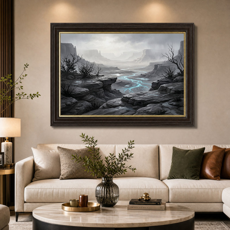 Tableau sur toile « Canyon brumeux avec rivière bleue scintillante », H 16 po x l 24 po