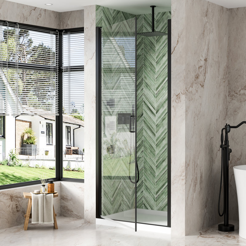 36"x 72" H Semi-Frameless Pivot Shower Door with  1/4 inch(6mm) Clear Tempered Glass And Handle,Matte Black, Matte Black