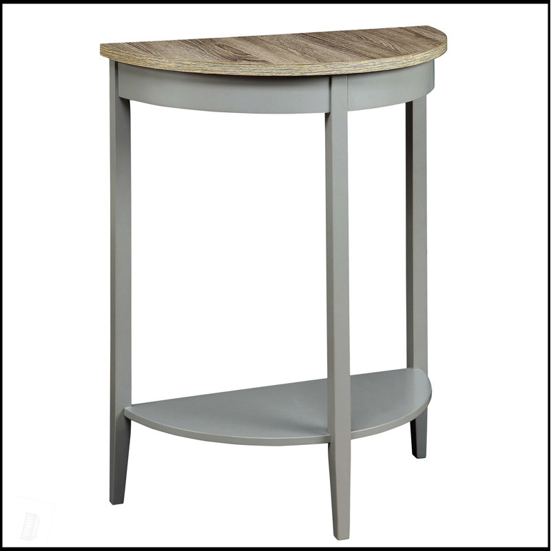 Console en chêne gris et demi-lune grise avec tablette inférieure, parfaite pour un décor rustique et transitionnel