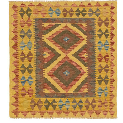Tapis intérieur de la laine 3 pi 2 po x 3 pi 5 po "one-of-kind" à la main noué la gold/olive Lorain