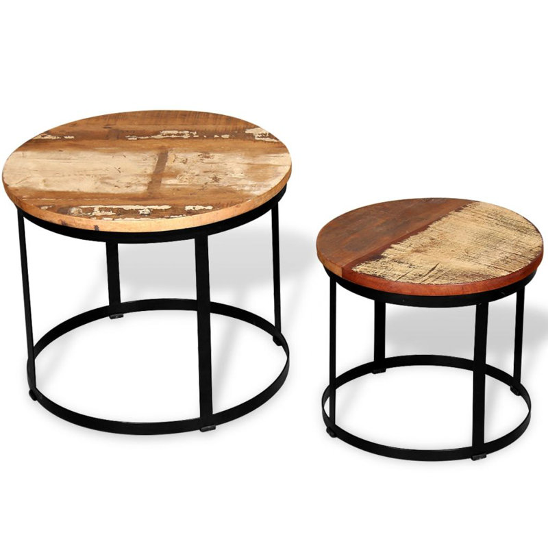 Vintage Charm Industrial Round Coffee & Side Table Set in Polished Wood & Metal