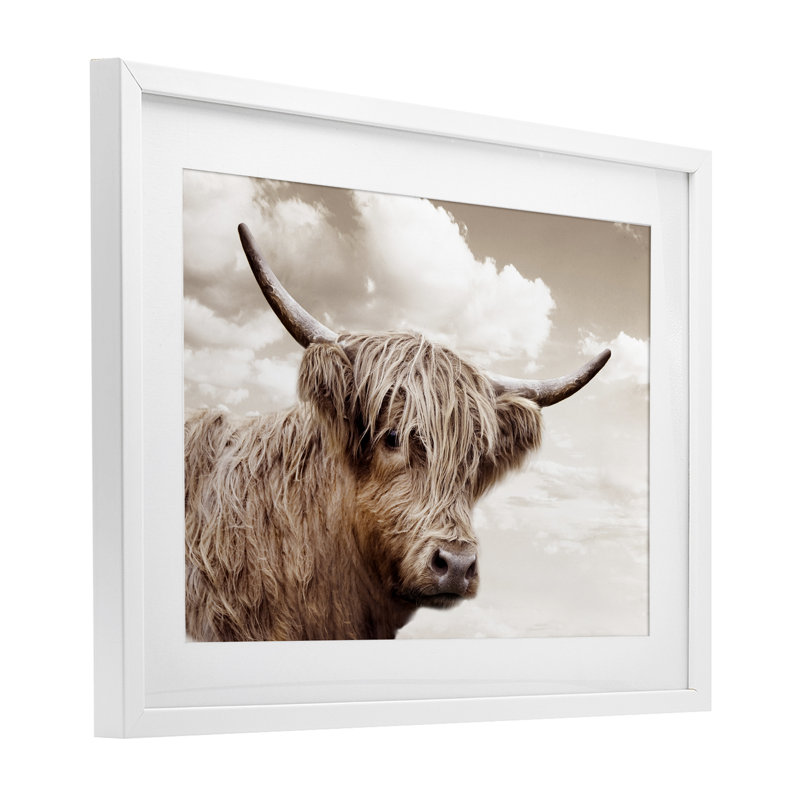 «Shaggy Highland Cow & Clouds», reproduction encadrée sous verre, conception de CAD Designs, H 14 po x l 20 po