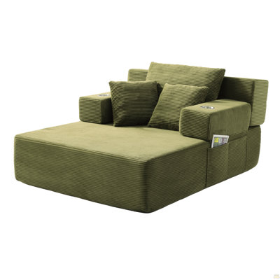 Luxurious Plush Corduroy Chaise Lounge with 3 Pillows, Convertible Sofa Bed with Storage Pocket, Frameless Design & Compression Foam for Small Spaces