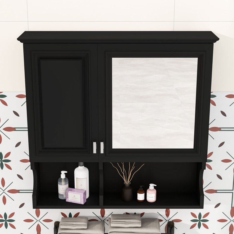 Armoire à pharmacie murale avec miroir, tablettes réglables, rangement ouvert et portes, Noir