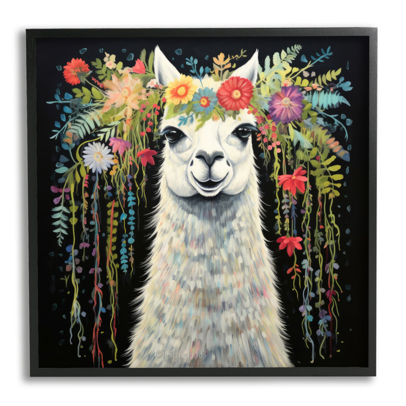 Lama floral sur imprimé noir, H 12 po x l 12 po x P 1,5 po, Giclée encadrée noir minuit