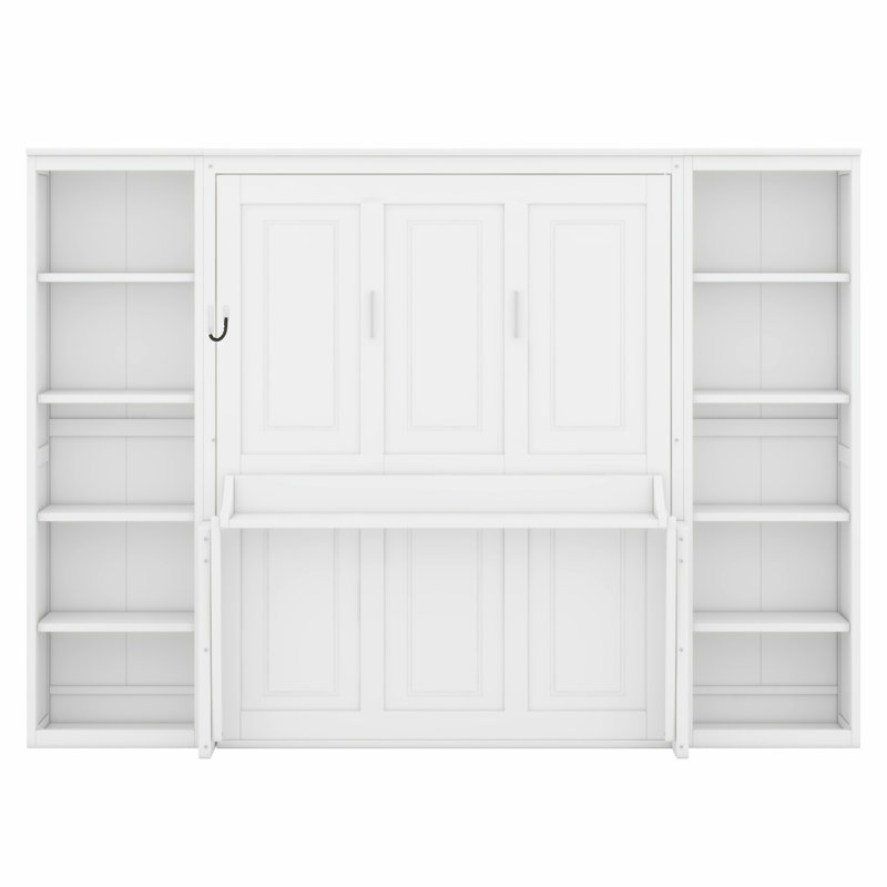Lit escamotable moderne avec bureau et tablettes ouvertes, Blanc