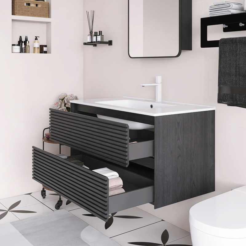 Meuble-lavabo mural en céramique blanc à grain de bois, Noir, 36
