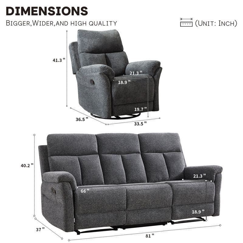 Ensemble de salon inclinable manuel 2 pièces en chenille avec pivot à 360 ° et fauteuil inclinable contemporain 2 pièces