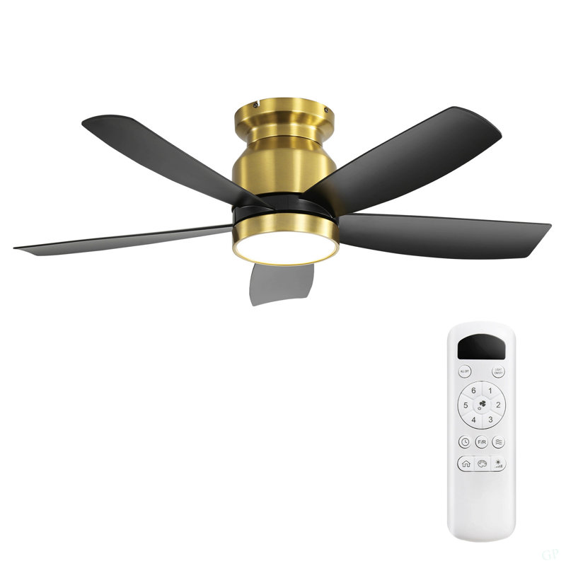 42 Inch Flush Mount Ceiling Fans With LED Light 22W And Remote Control 5 ABS Fan Blades For Indoor, Gold, Black