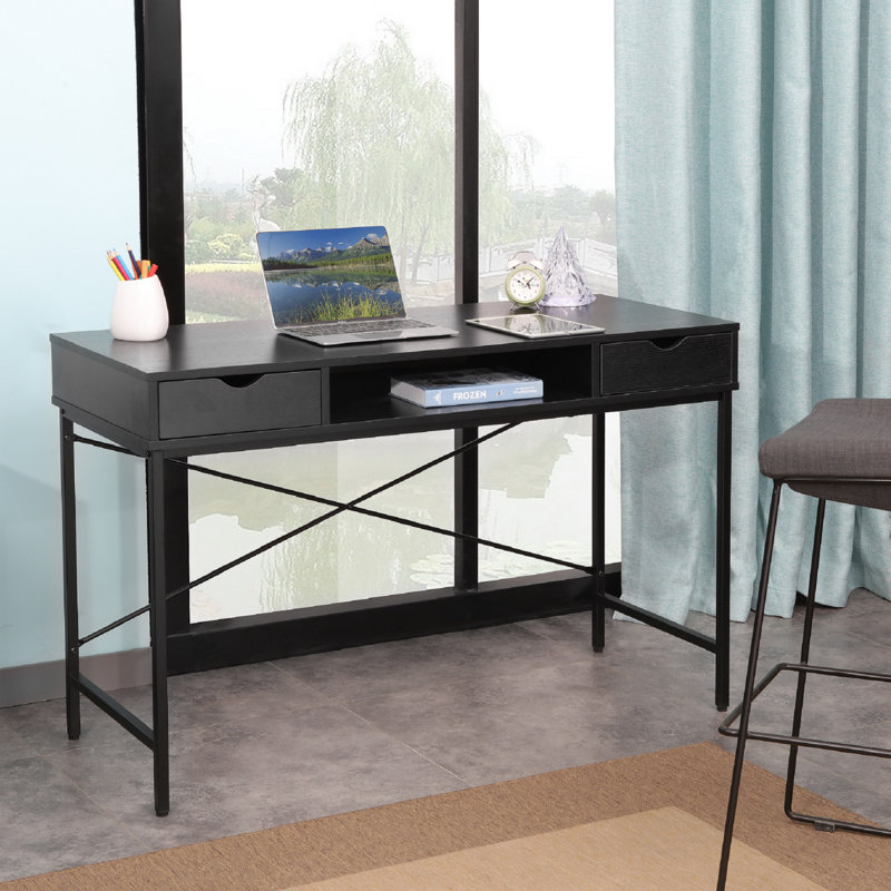 Hakes 47" Wooden Writing Desk with Drawers & Metal Frame, Black
