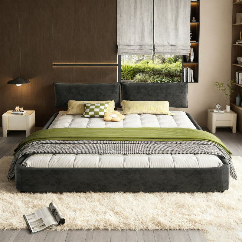 Très grande base de lit avec très grande tête de lit amovible rembourrée et lit tapissier, Gris foncé