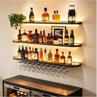 39.4in Wine Rack Wall Mounted,Bar Wall Shelves,360°Wrap-Around Led Curved Floating Bar Shelves with Lights,3 Tiers Modern Bar Shelf with Wine Glass Rack for Home Bar Dining Room (Black, 39.4in/100cm)