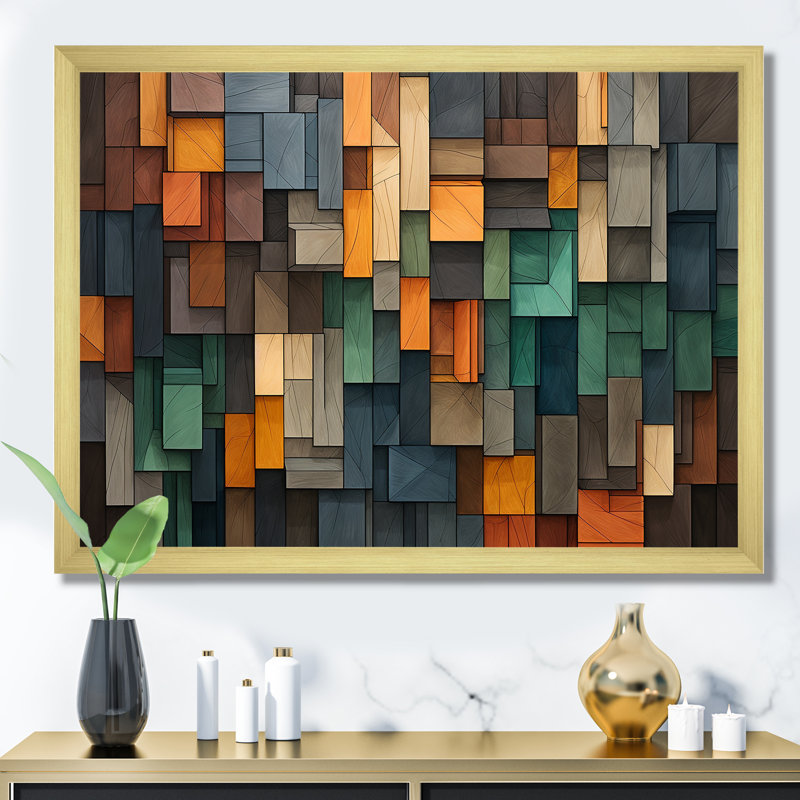 Cubes de mosaïque verts et jaunes pluie - tuiles abstraites, impressions encadrées, Cadre doré à coins fermés