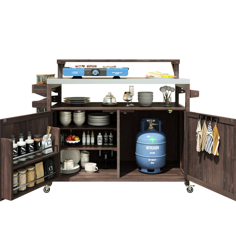 Îlot extérieur 53,3 po avec tablette surélevée - armoire en bois massif et support à épices pour chariot de rangement classique