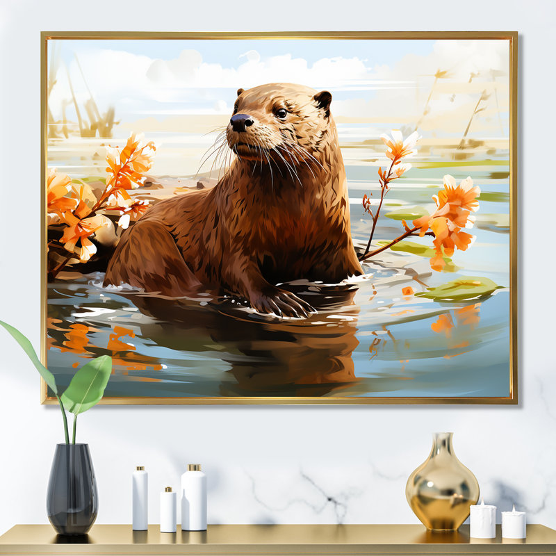 Watercolor Stream Beaver Serenity II - Beaver, art mural, Cadre flottant doré, H 30 po x l 40 po x P 1,5 po