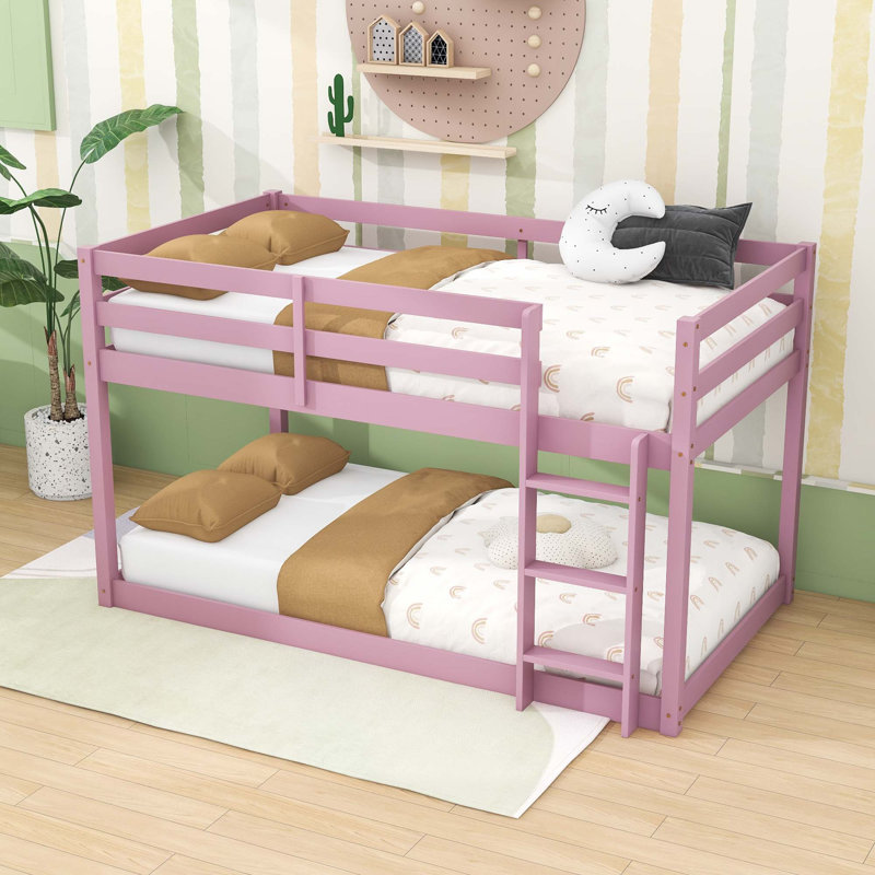 Twin Over Twin Wooden Floor Bunk Bed With Ladder And Guardrails, Pink