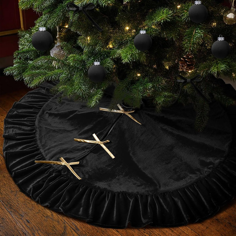 Black Velvet Christmas Tree Skirt with Bow & Ruffled Edge – Luxury Plush Vintage Holiday Tree Base Decor