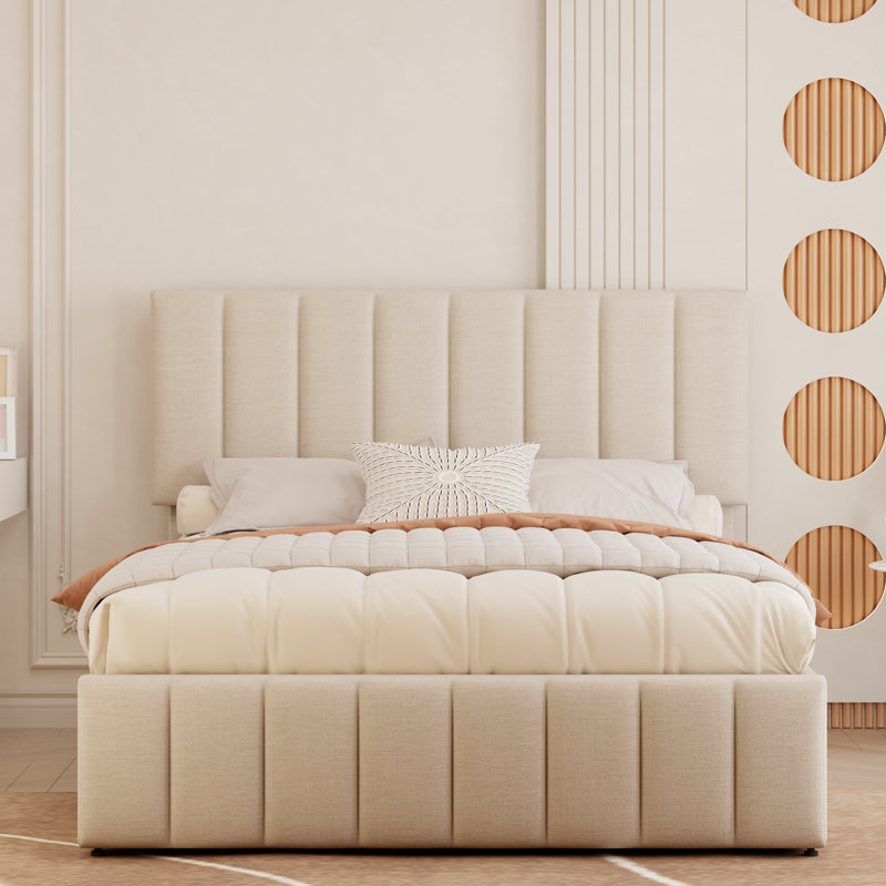 Juhi Upholstered Tufted Linen Platform Bed with Lift-up Storage and Reinforced Slat Support, Full, Beige