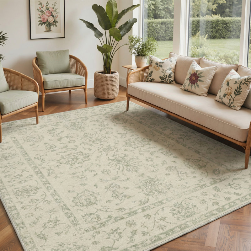 Tapis oriental décoratif à motif floral lavable à la machine Botanical Modern, Rectangle 6 pi x 9 pi