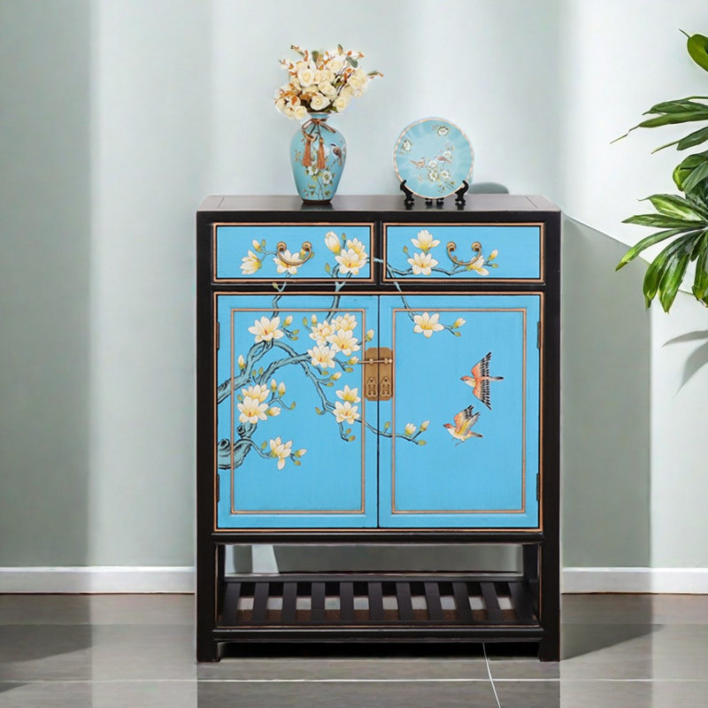 Chinese Painted Solid Wood Shoe Cabinet 16 Pair Solid Wood Shoe Storage Cabinet, Blue
