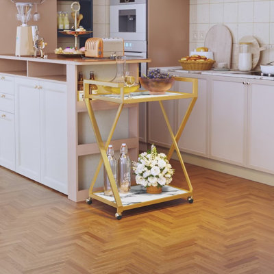 Chariot de service Home Bar 2 tablettes en marbre avec roulettes et garde-corps