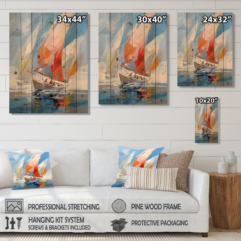 Voilier abstrait «Winds I» sur bois, H 40 po x l 30 po x P 0,78 po