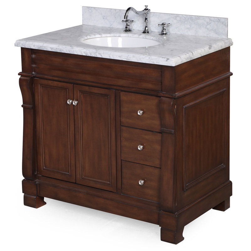 Ensemble de meuble-lavabo simple pour la salle de bain Flo, Chocolat, Marbre de Carrare