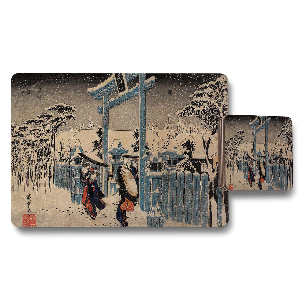 Snowy Japanese Ukiyoe Placemat And Coaster Set With Traditional Gate Scene