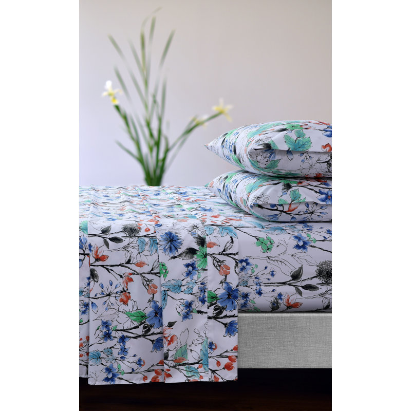 Full Size White and Multicolor Floral Microfiber Sheet Set