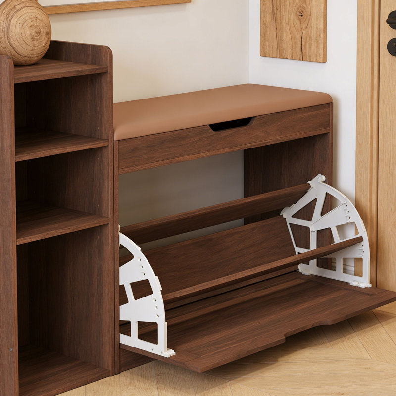 37.8" Shoe Storage Bench With Cushion, Flip-top Shoe Cabinet With Adjustable Shelves And Side Storage Compartment, Modern Narrow Shoe Organizer For Entryway