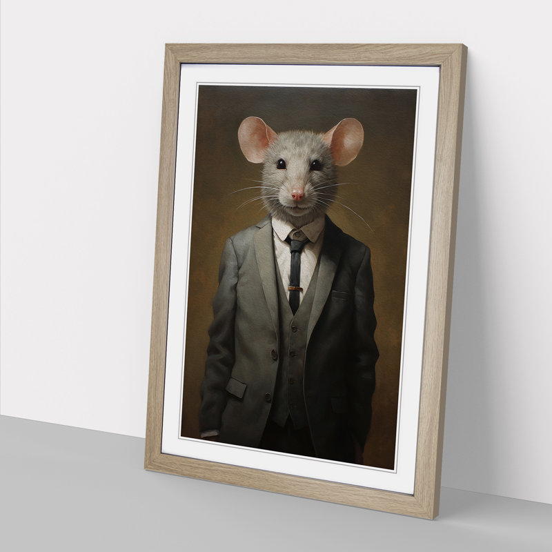 Mouse In A Suit Painting - Single Picture Frame Print on Wood, Oak Framed, 34cm H x 25cm W x 2cm D