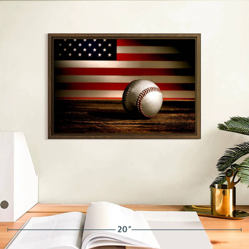 Drapeau américain de baseball, 13 po x 9 po, Cadre flottant noyer