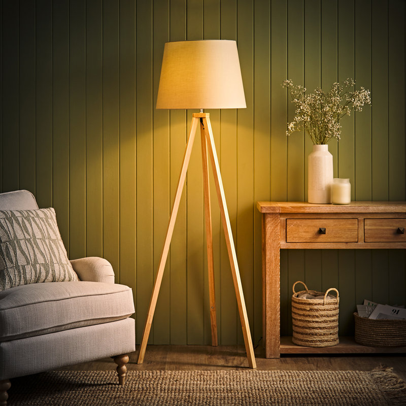 Nemours 159cm Basbro Tripod Floor Lamp Shade, Yes, Beige, Light Wood