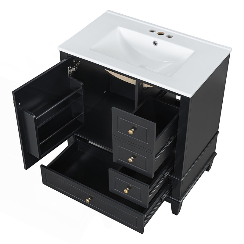 Meuble-lavabo de salle de bain avec lavabo, une porte avec tablette et trois tiroirs, Noir
