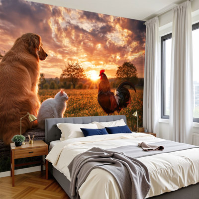 Peel and Stick Wallpaper Wall Mural Golden Retriever Cat Rooster Enjoying Sunset Peaceful Field Wall Art Self Adhesive and Removable