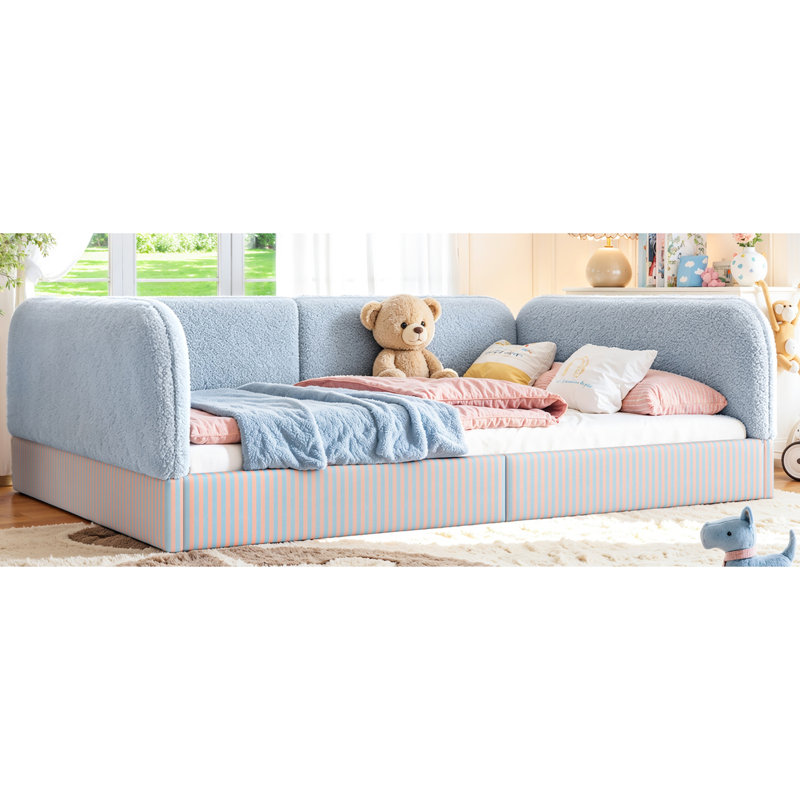 Structure de lit rembourré en molleton pour enfants, lit de sol semi-fermé Montessori, Double, Bleu