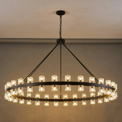 Modern 60-Light Wagon Wheel Chandelier with Crystal Shade