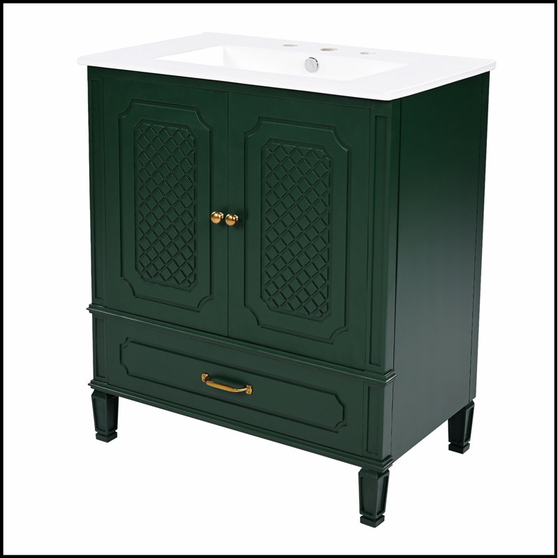 Meuble-lavabo de 30 po avec lavabo, style rétro, rangement multifonctionnel, porte à fermeture en douceur, finition vert foncé