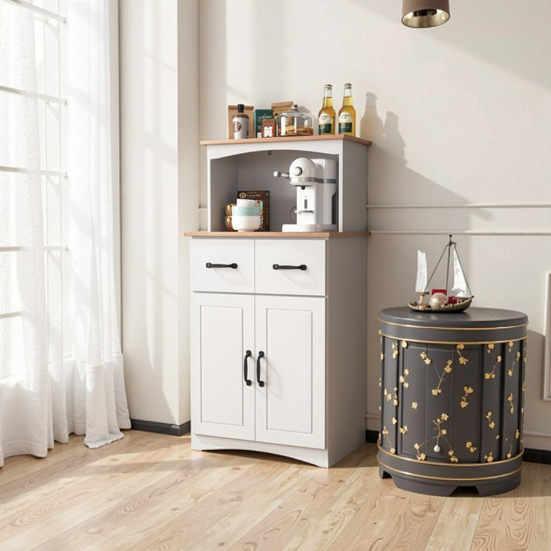 Armoire de cuisine blanche à micro-ondes avec tiroir de rangement et tablette réglable